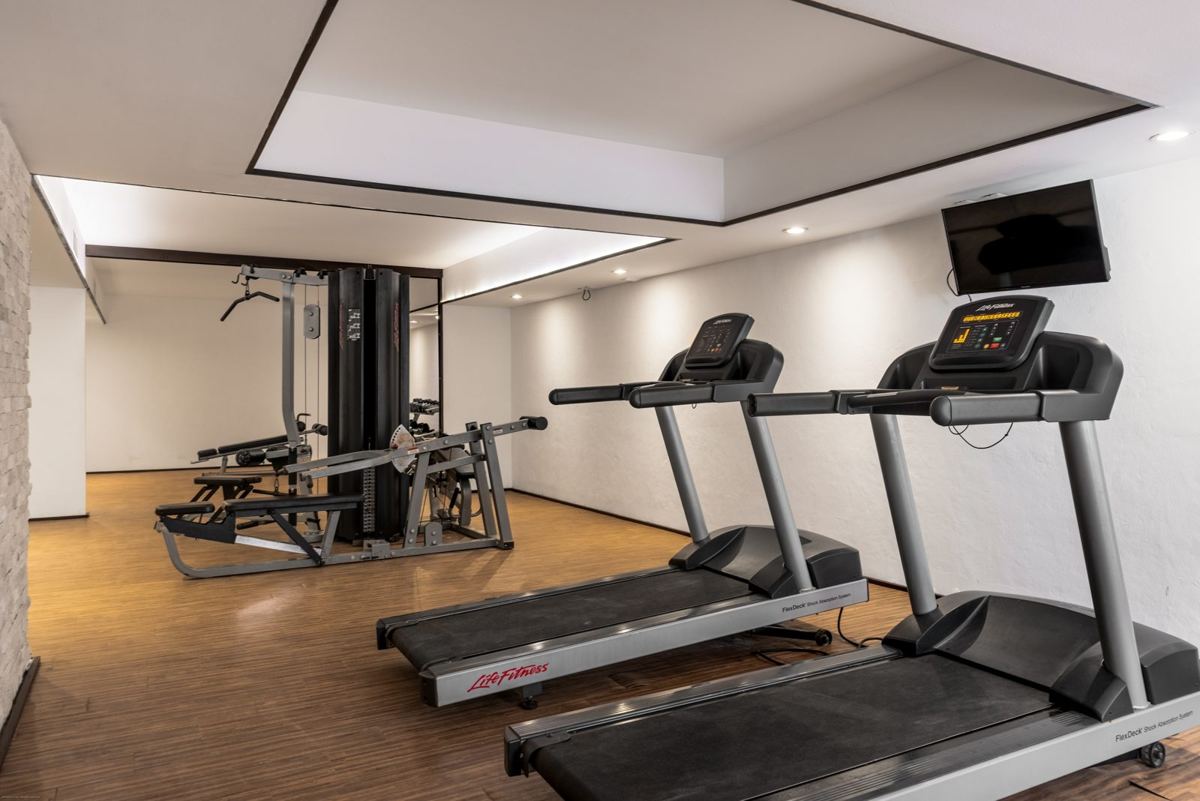 The gym, with cardio machines and free weights